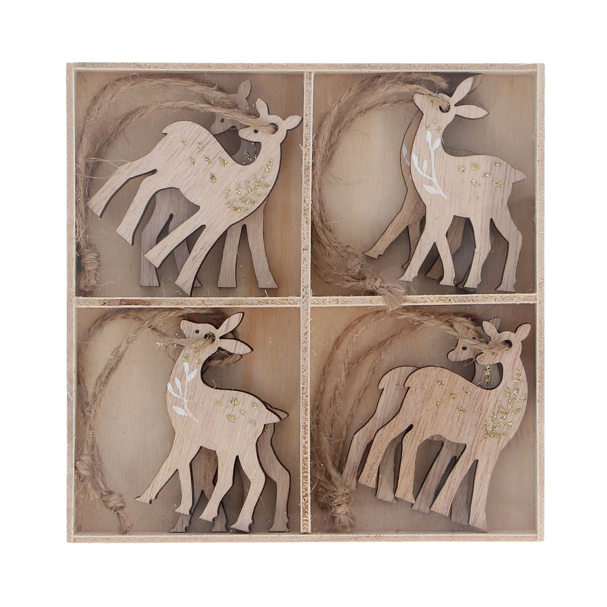 Gisela Graham - Natural Wood Deer Decorations - Box of 8