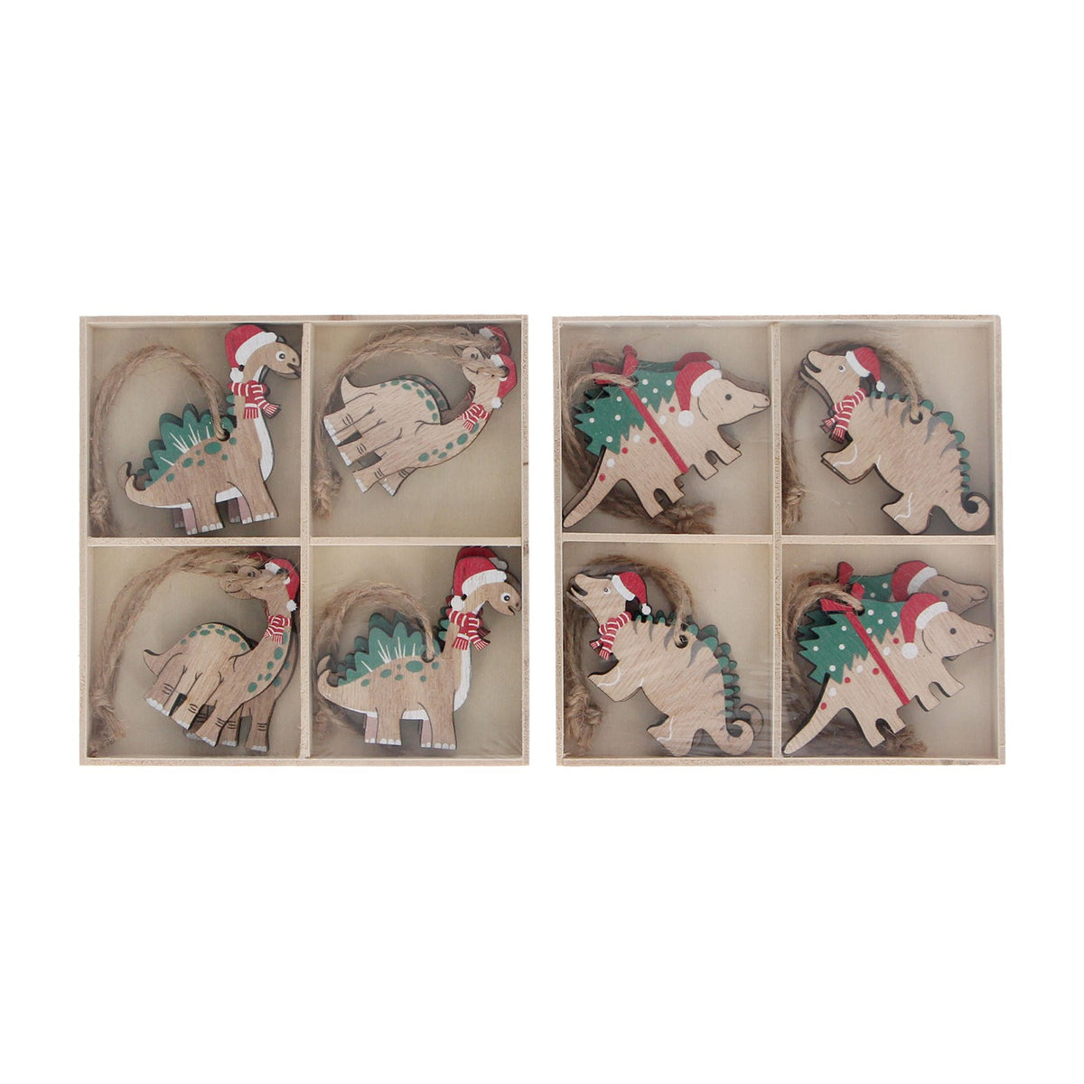 Gisela Graham - Painted Wood Dinosaur Christmas Decorations - Box of 8