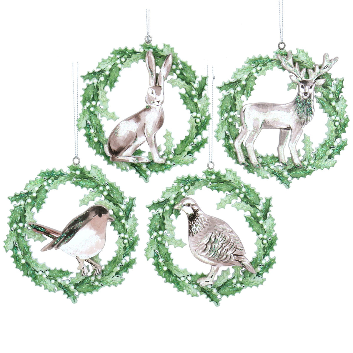 Gisela Graham Wooden Animal Holly Wreath Hanging Decoration 10cm