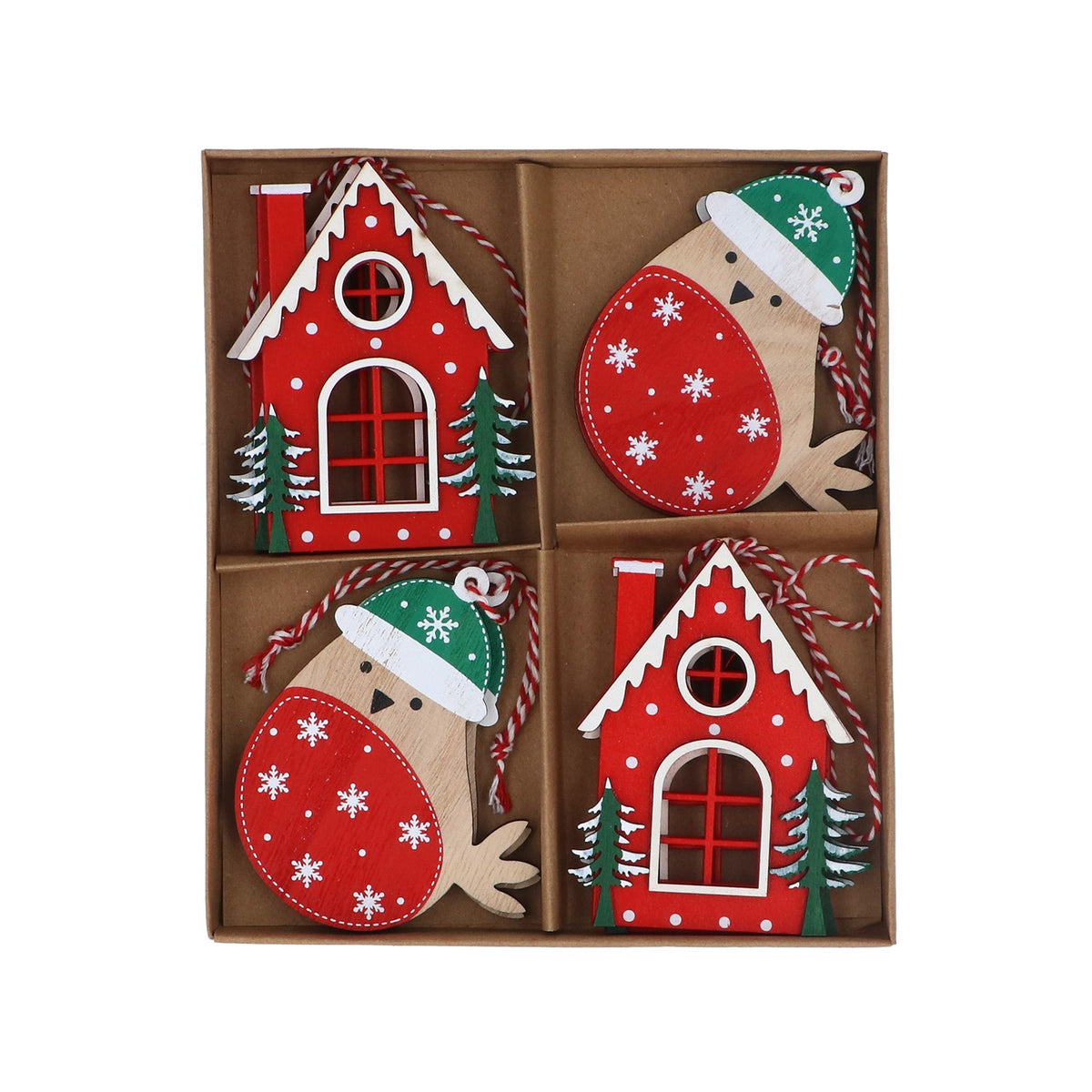Gisela Graham Wooden Scandi Style House & Robin Hanging Decorations - Box of 8