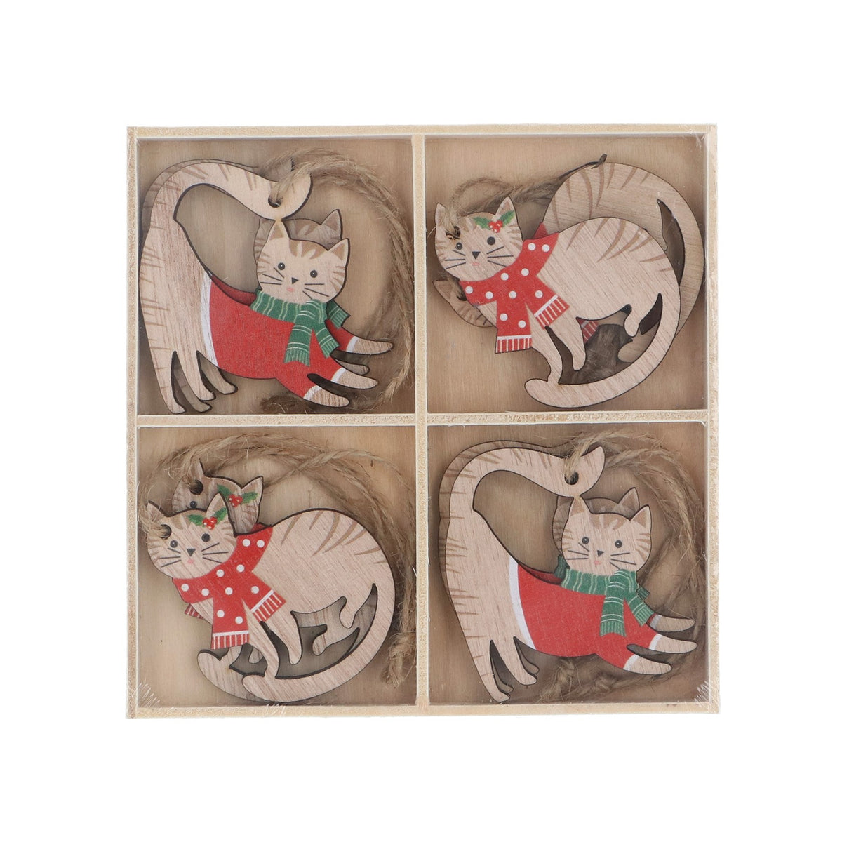 Gisela Graham - Painted Wood Cat Christmas Decorations - Box of 8
