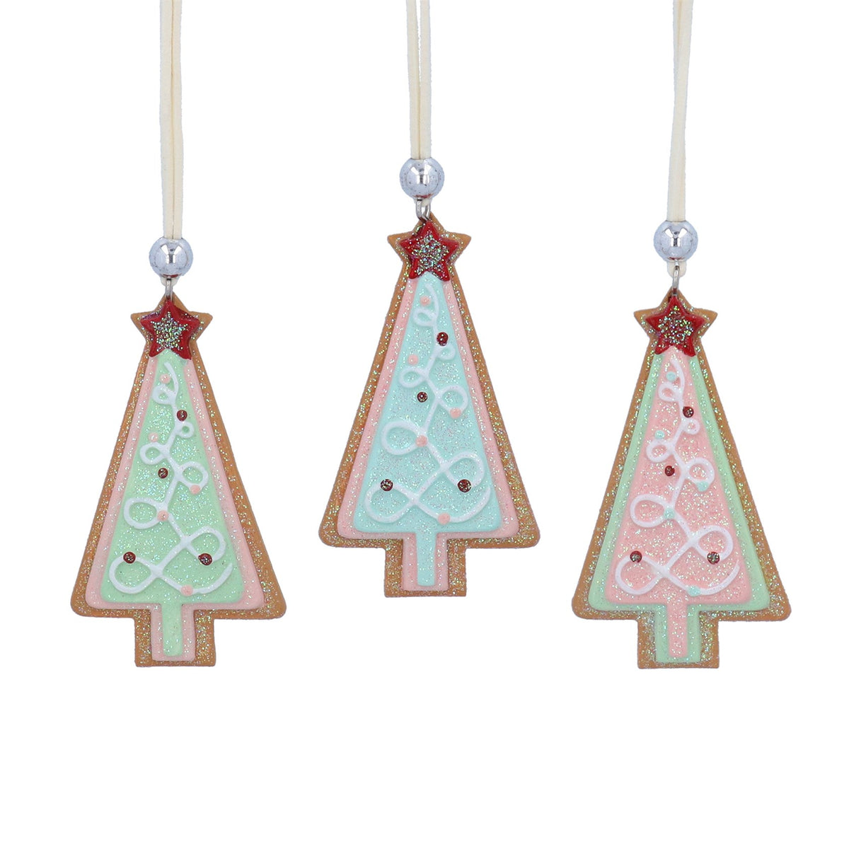 Gisela Graham Resin Gingerbread Trees with Pastel Icing Christmas Bauble