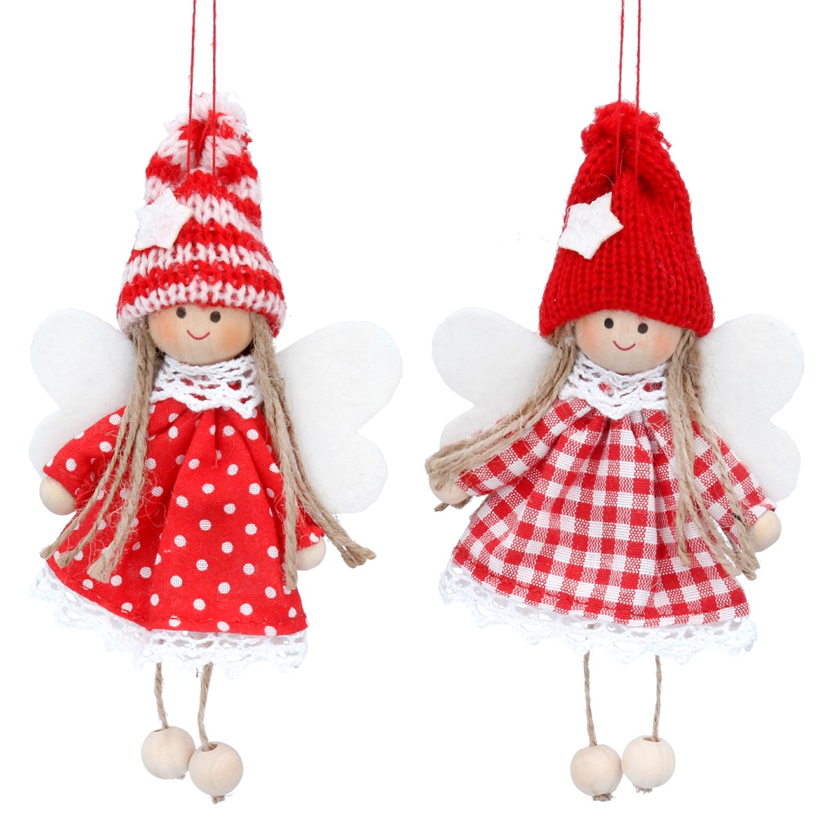 Gisela Graham Red & White Spot or Check Dress Knitted Scandi Fairy Wooden Decoration Single - 13cm