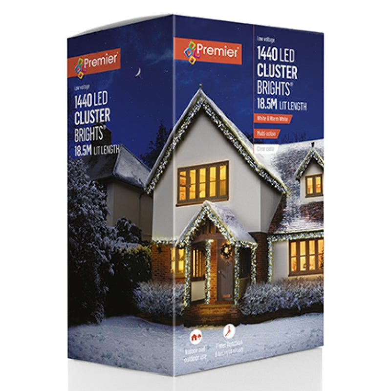Premier Clear Cable 1440 Cool & Warm White LED Multi Action Christmas Cluster Brights String Lights