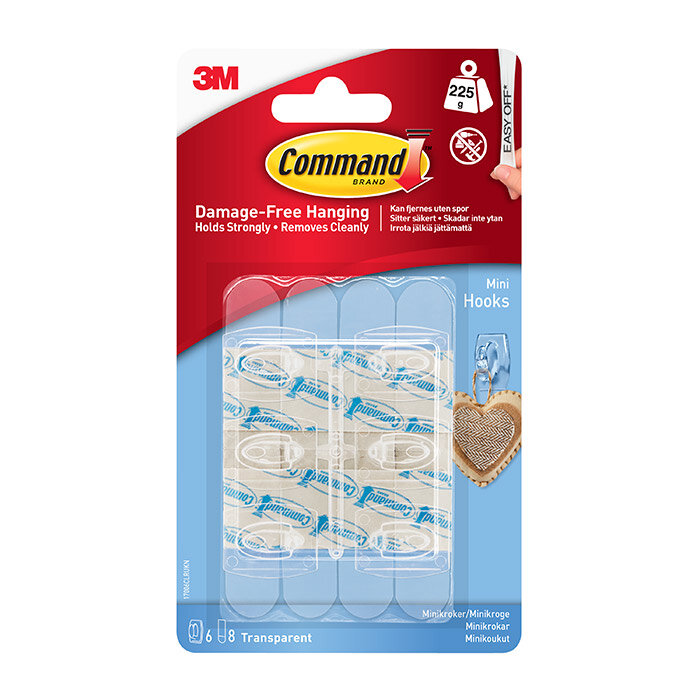 Command Mini Clear Hooks with Clear Strips - Pack of 6
