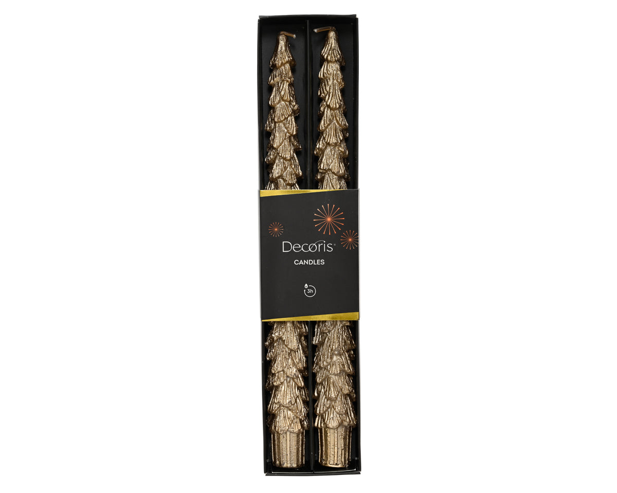 Pack of 2 Christmas Tree Gold Metallic Tall Dinner Candles 25cm
