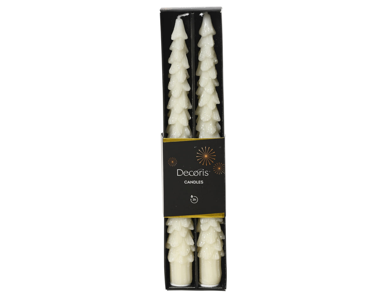 Pack of 2 Christmas Tree White Metallic Tall Dinner Candles 25cm