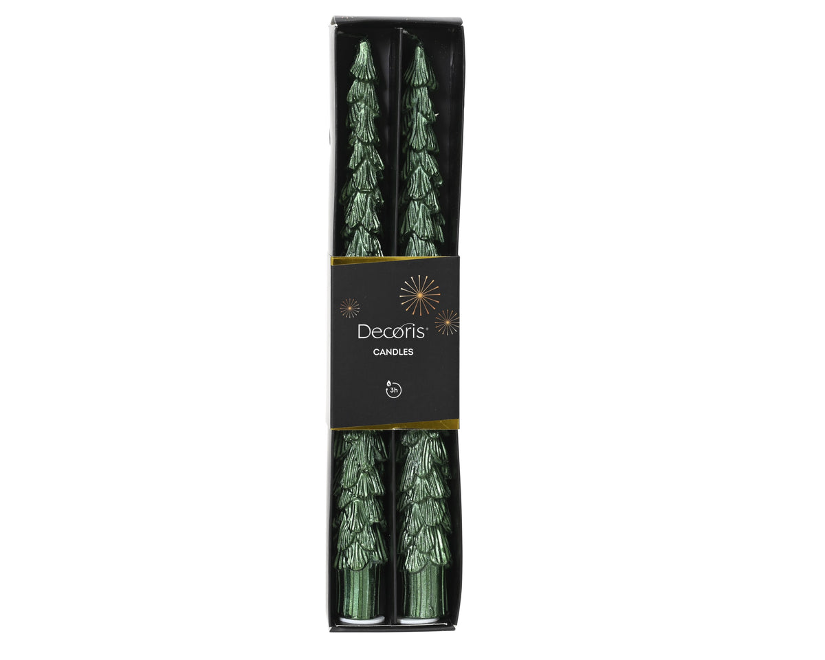Pack of 2 Christmas Tree Pine Green Metallic Candle 25cm