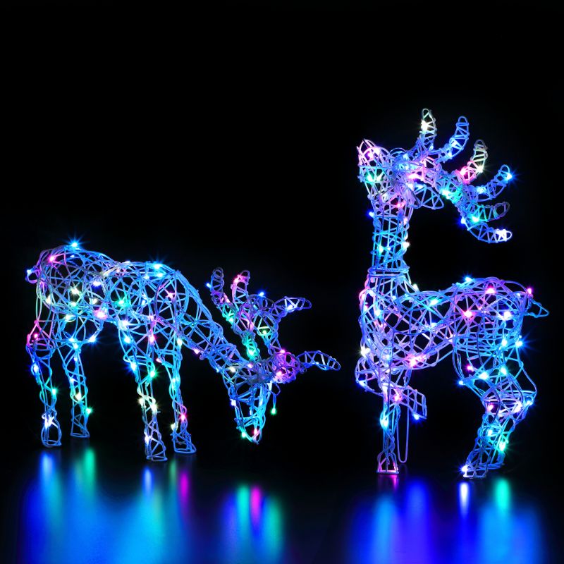 NOMA White Rattan 40cm Tatton Grazing Reindeer with 80 Colour Changeable LEDs & Remote Control