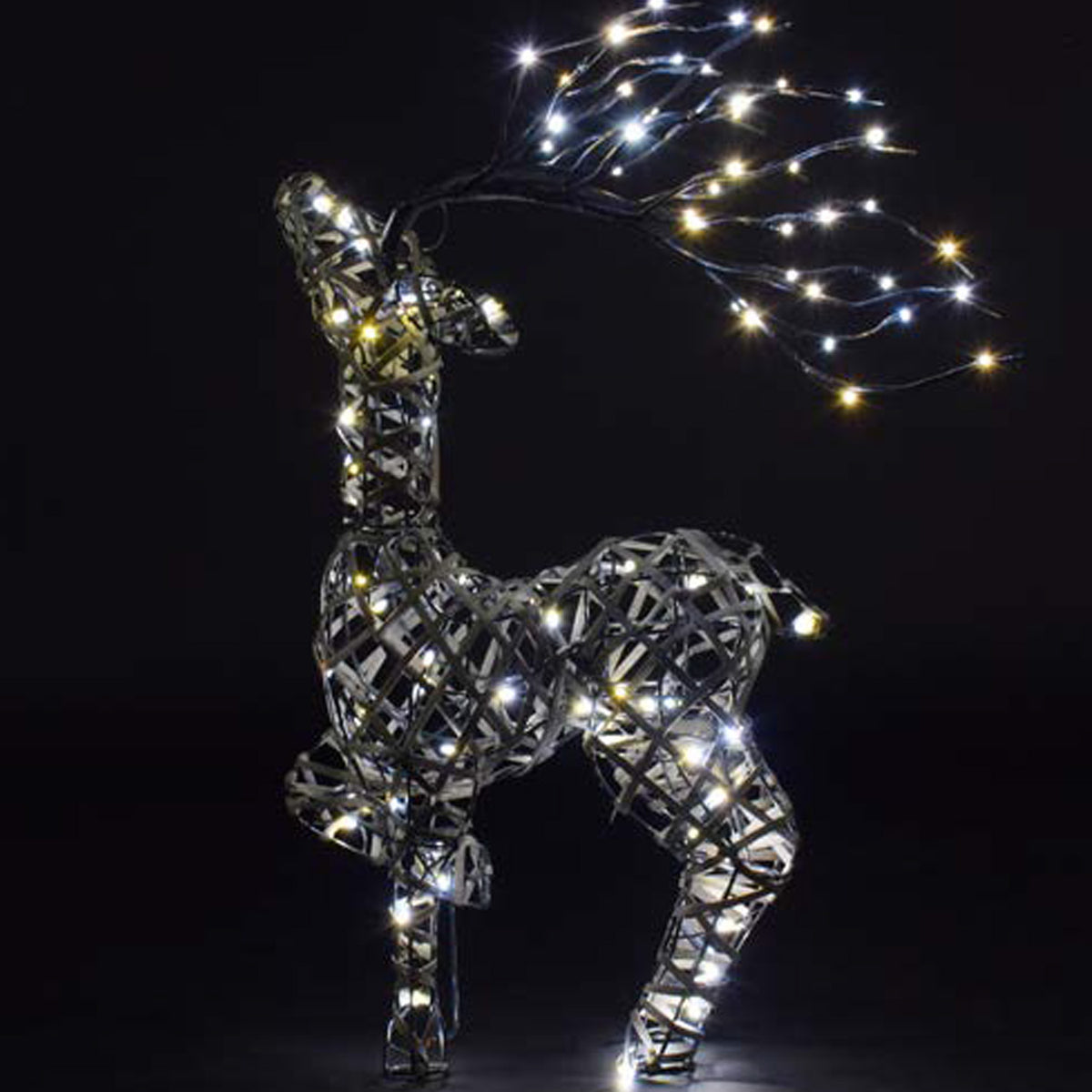 NOMA 66cm Grey Rattan Tatton Standing Grazing Stag with Branch Antlers & Duo Bulb Warm & Cool White Changeable Lights