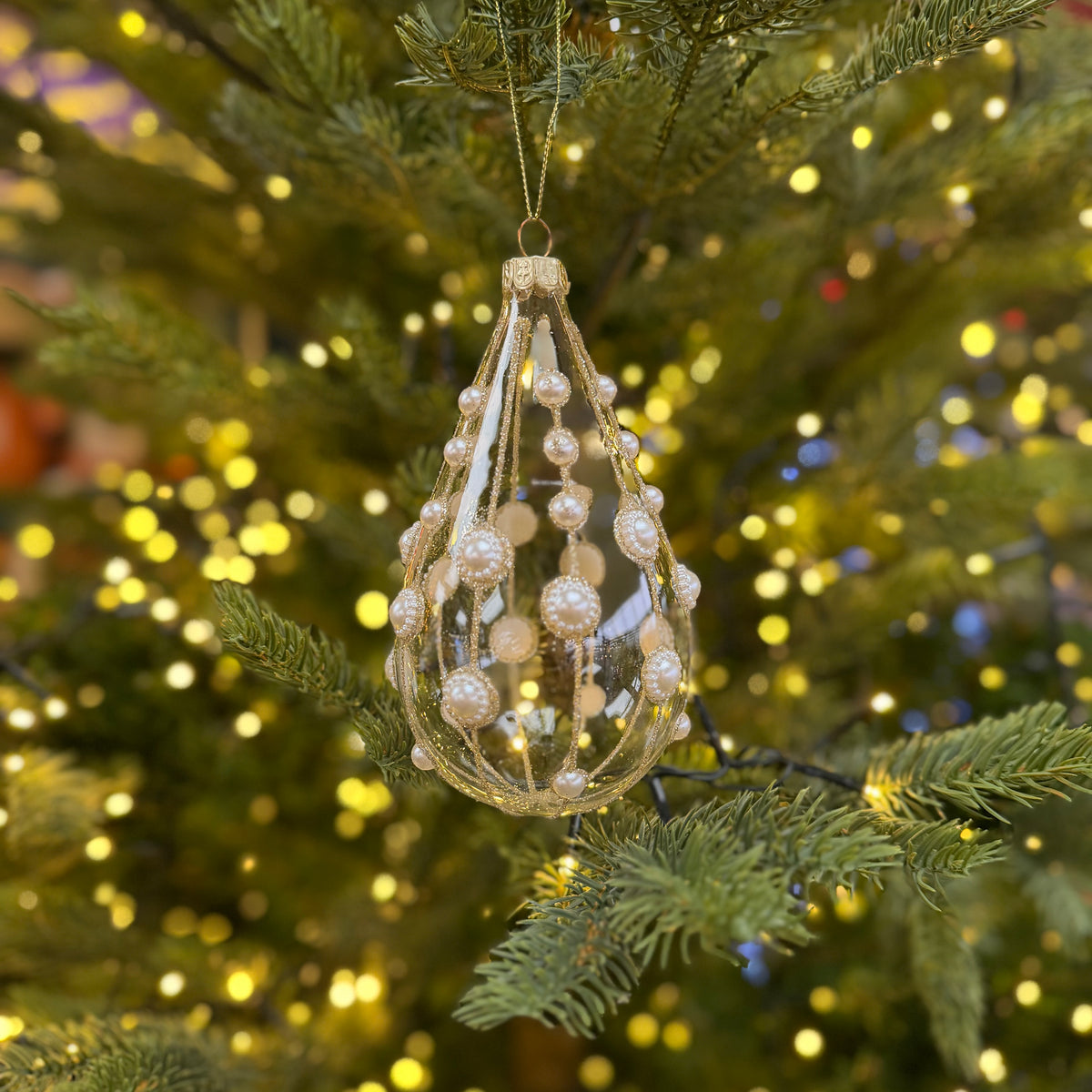 Clear Glass Teardrop Bauble with Gems & Pearls