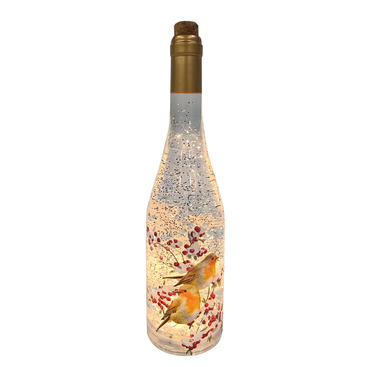 Christmas Robin Wine Bottle Shaped Glitter Water Spinner - 30cm