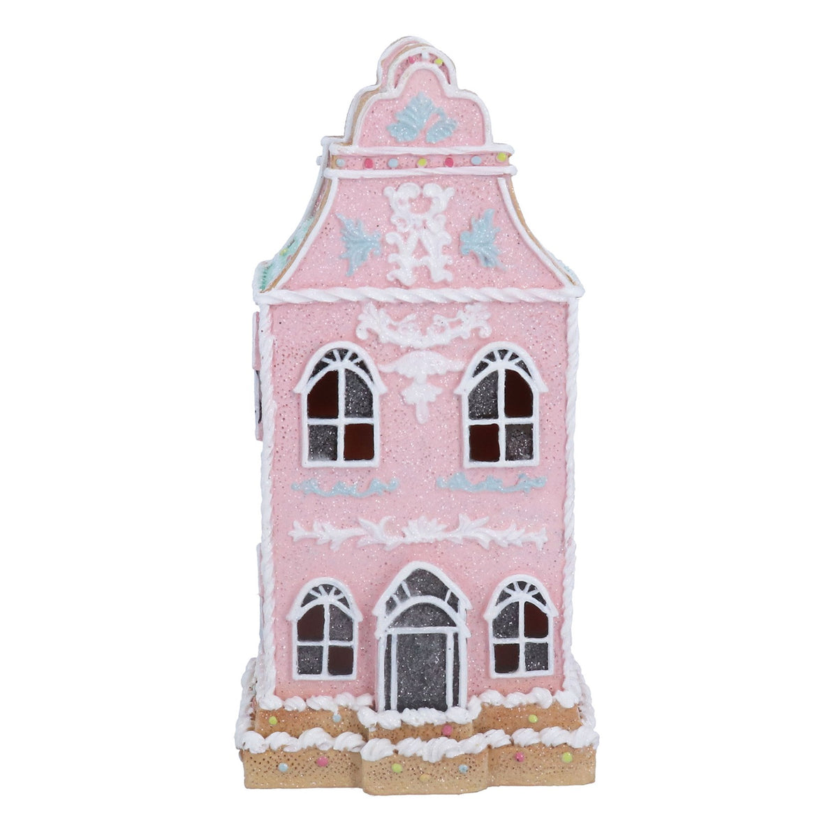 Gisela Graham Resin Pink Iced LED Gingerbread Town House Christmas Ornament