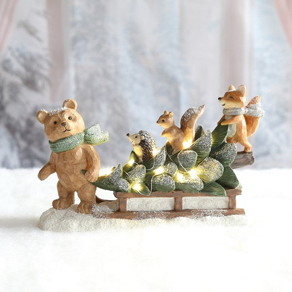 Light Up Woodland Animals on Sleigh Christmas Ornament - 27cm