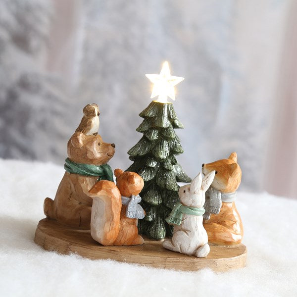 Light Up Woodland Animals Surrounding Christmas Tree with Star - 19cm
