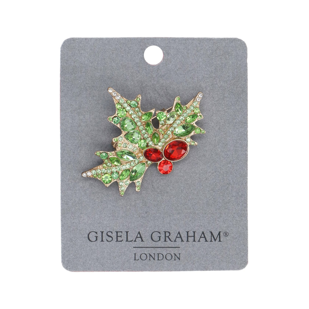 Gisela Graham - Metal Jewelled Holly Christmas Brooch 9cm