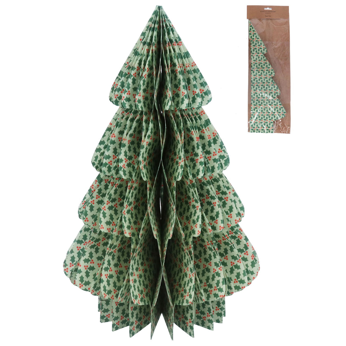 Gisela Graham Light Green Paper Honeycomb Tree with Holly Ornament - 40cm