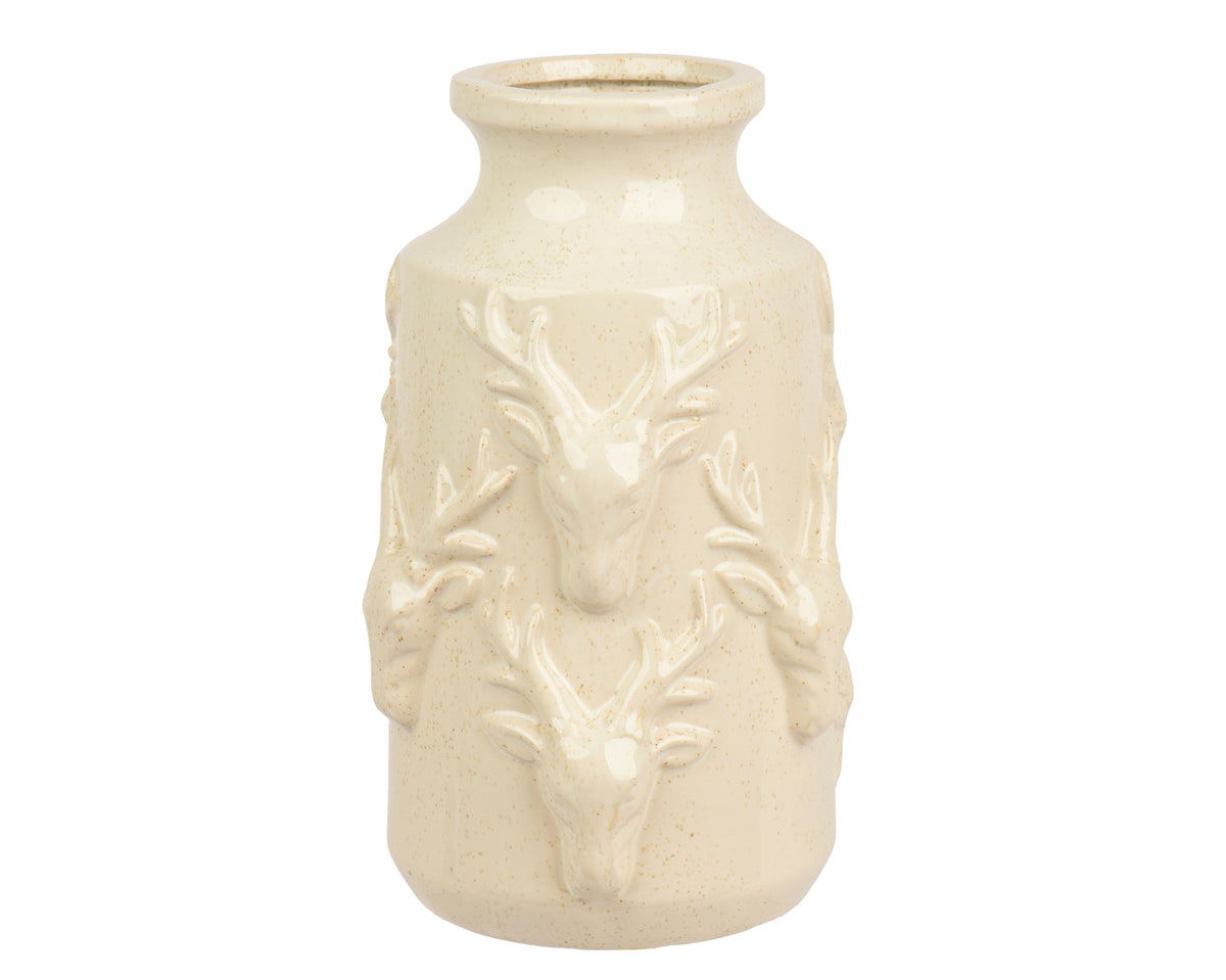Reindeer Head Design Porcelain Cylinder Reaction Cream Glazed Vase 24.5cm