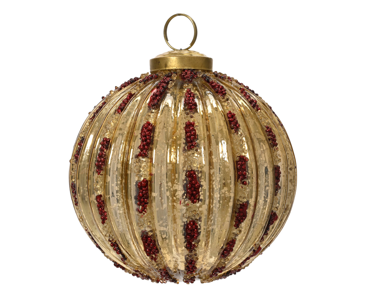 Gold Glass Bauble with Red Beads 10cm