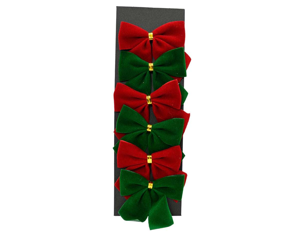 Pack of 6 Small Velvet Red & Green Gift Bows 5.5cm