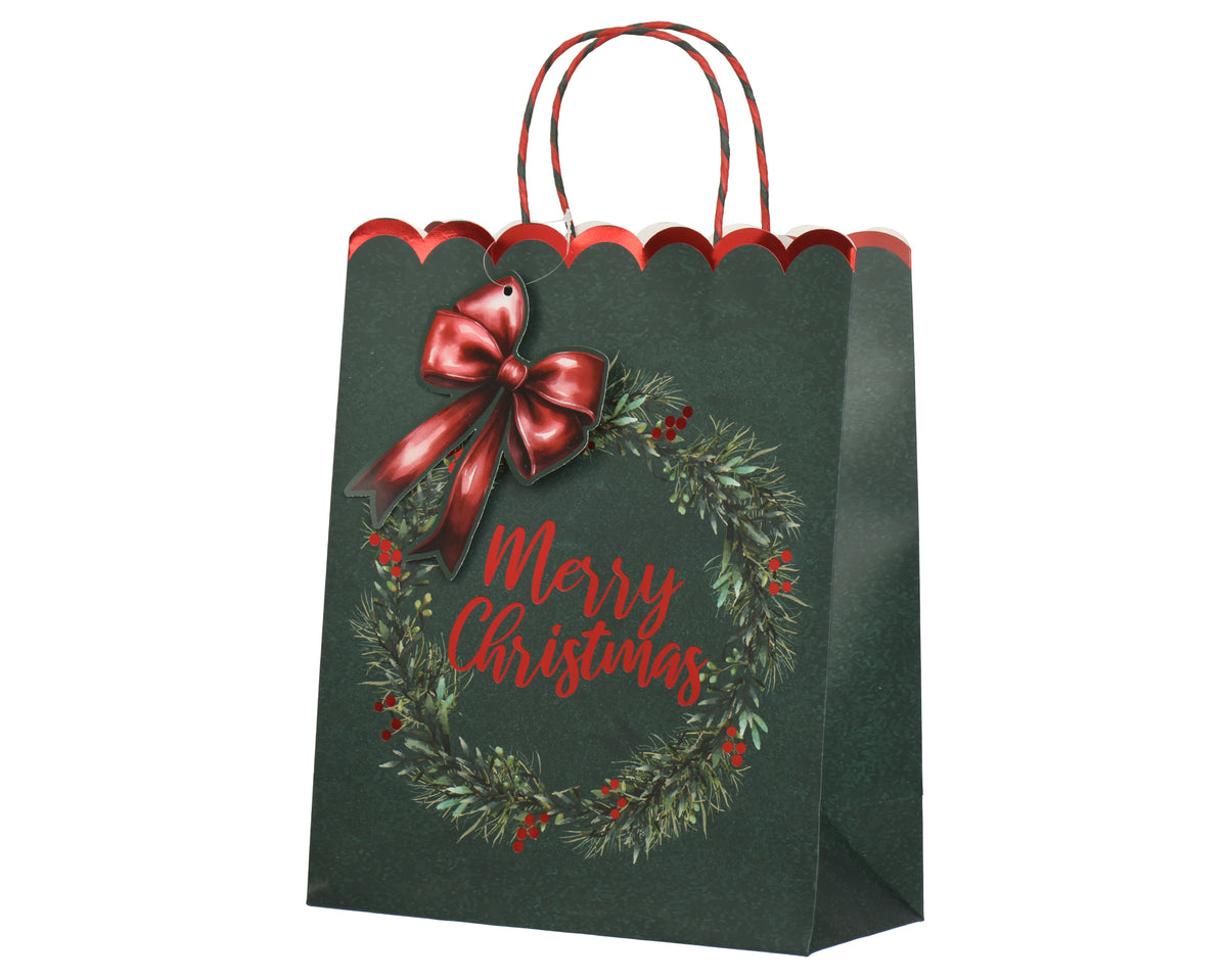 Green Paper Merry Christmas Gift Bag with Red Foil Wreath 16.5cm