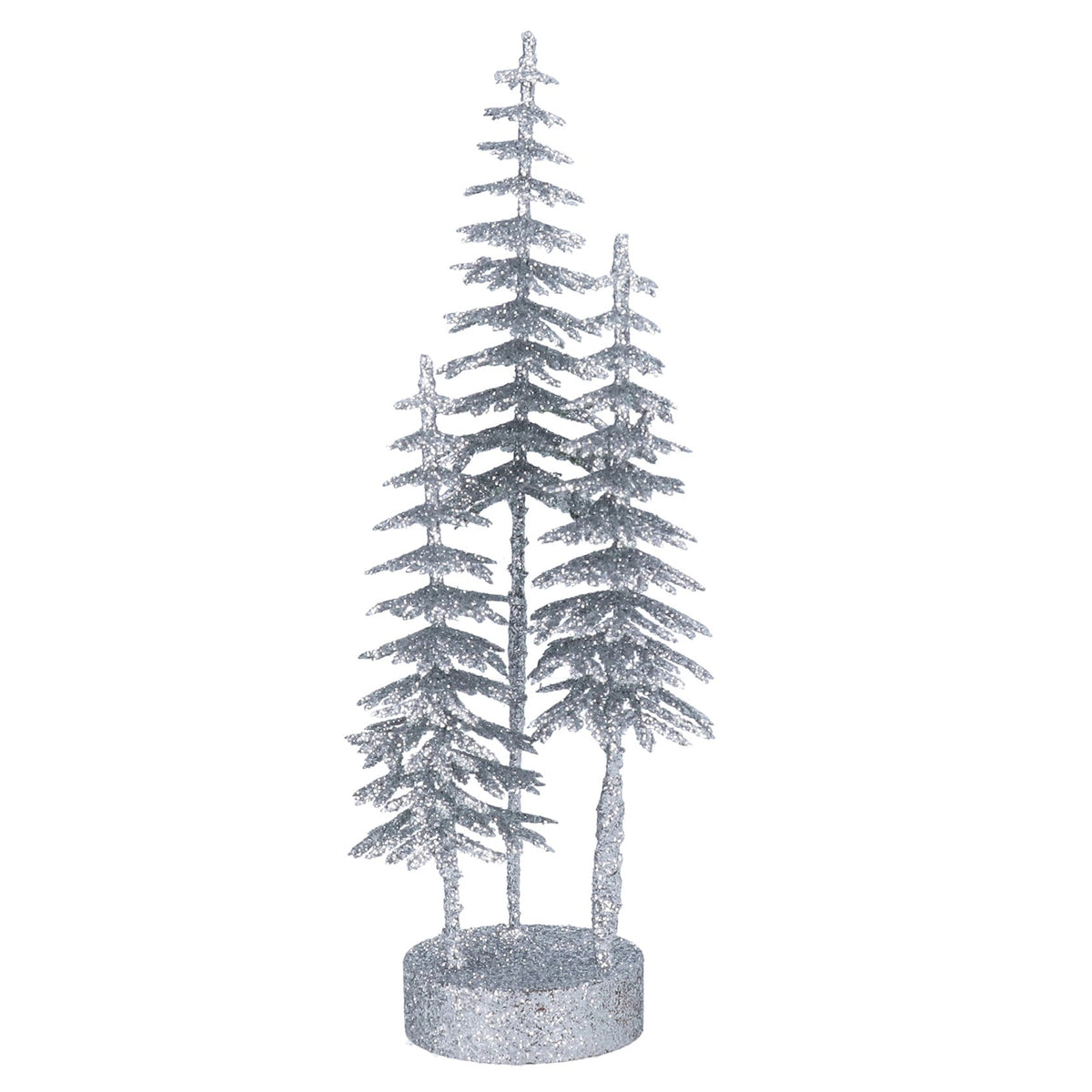 Gisela Graham - Silver Slim Bristle Tree Trio on Log Christmas Ornament -35cm