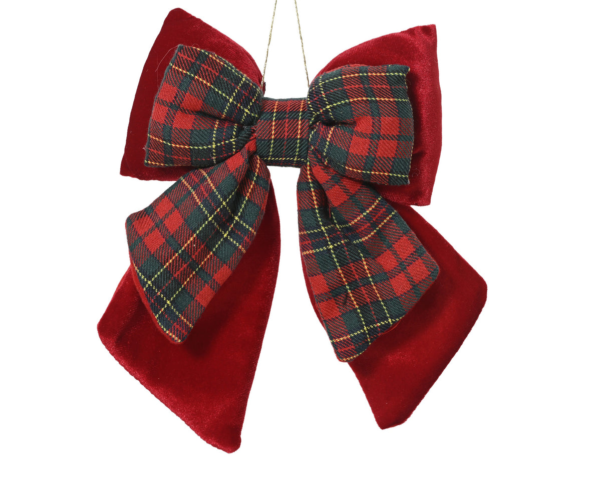 Christmas Red & Tartan Velvet Double Bow 23cm