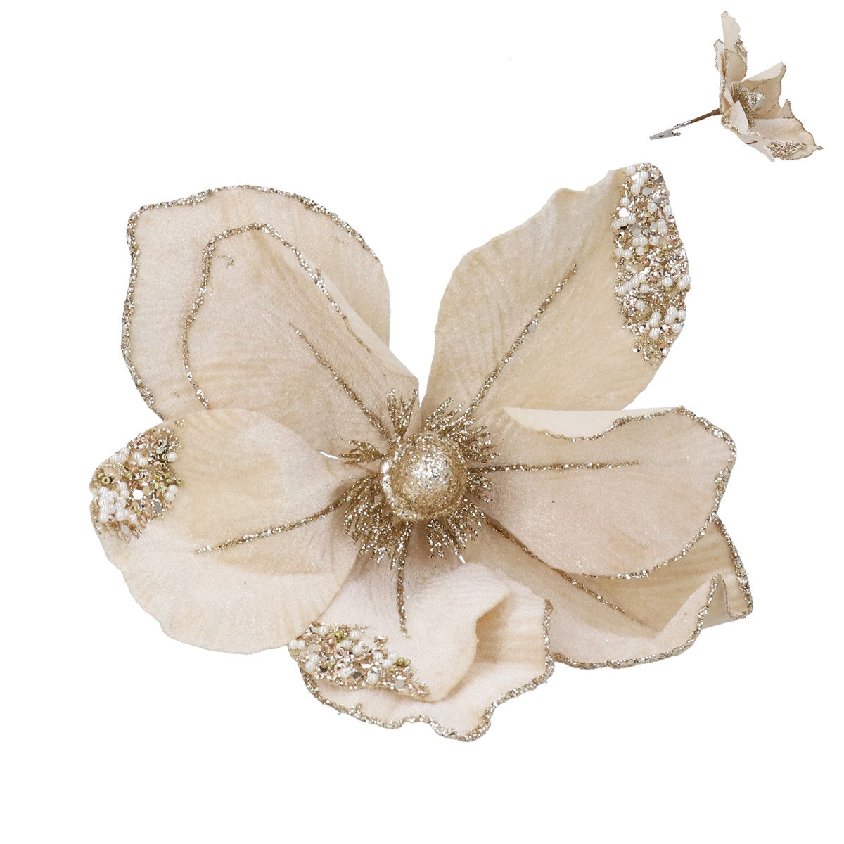 Gisela Graham - Fabric Cream & Gold Glitter Magnolia Flower Clip