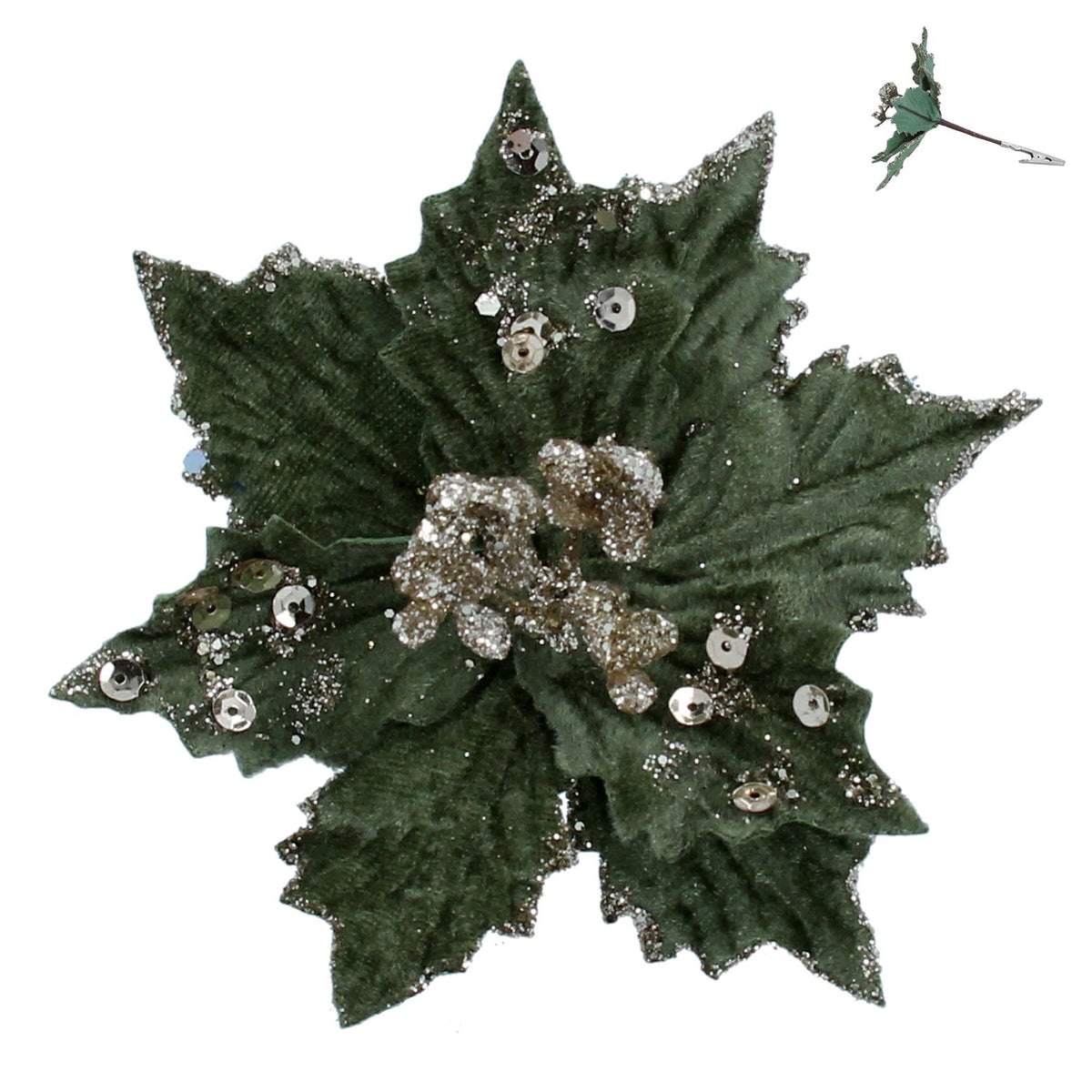 Gisela Graham - Green Poinsettia with Gold Sparkle Clip on Flower - 16cm
