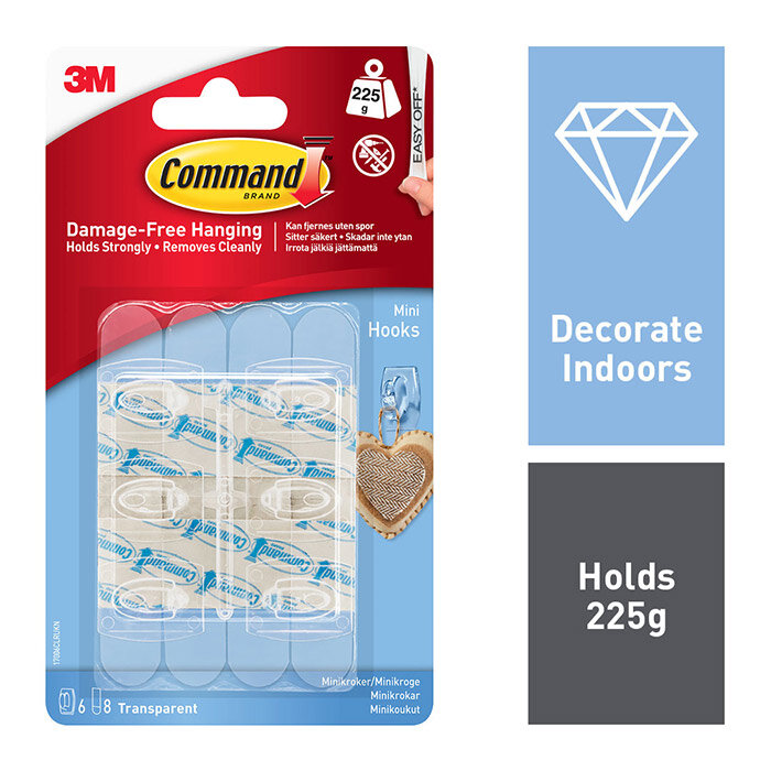 Command Mini Clear Hooks with Clear Strips - Pack of 6