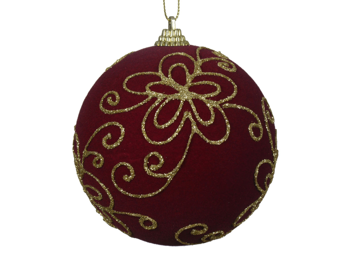 Oxblood Velvet Bauble with Gold Glitter Flower Details 10cm