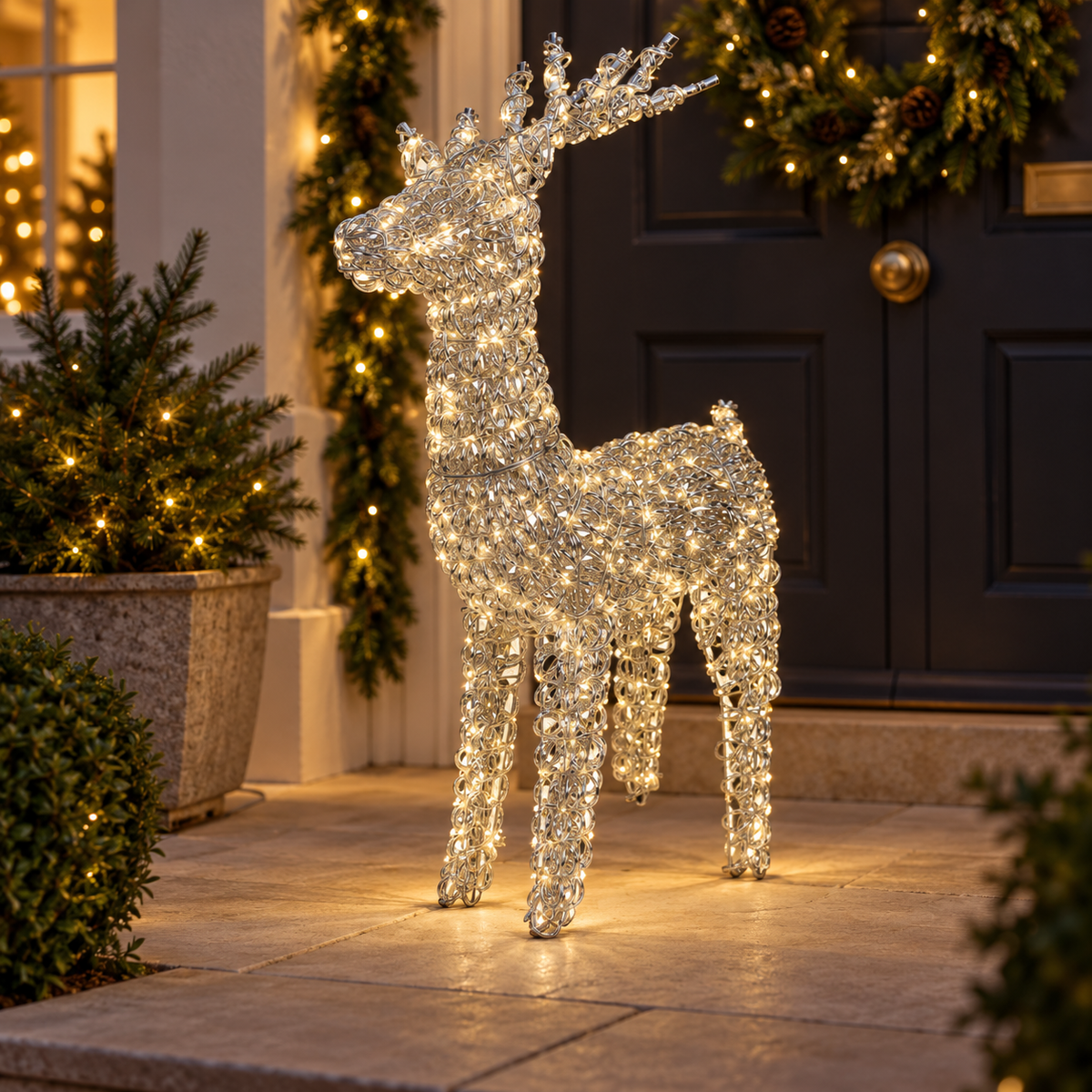 Lumineo Large 104cm Silver Coiled Wire Reindeer Stag with 800 Warm White LEDs
