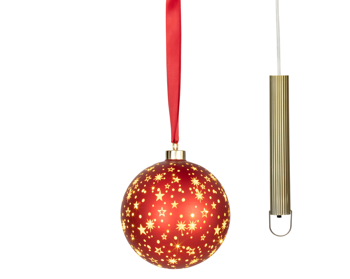 Micro LED Red Hanging Bauble with Stars 14cm - Battery Operated