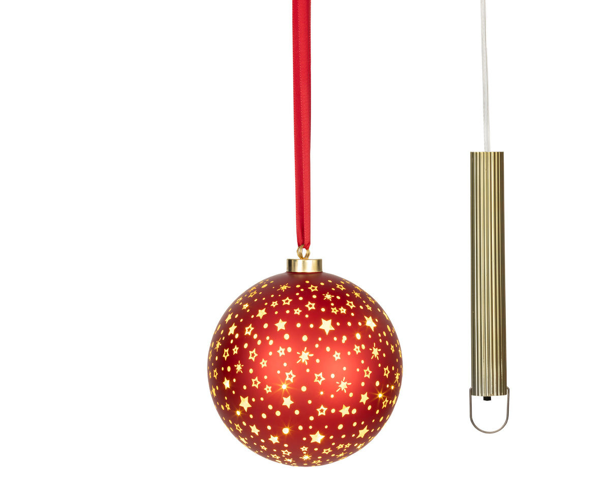 Micro LED Red Hanging Glass Bauble with Stars 19cm - Battery Operated