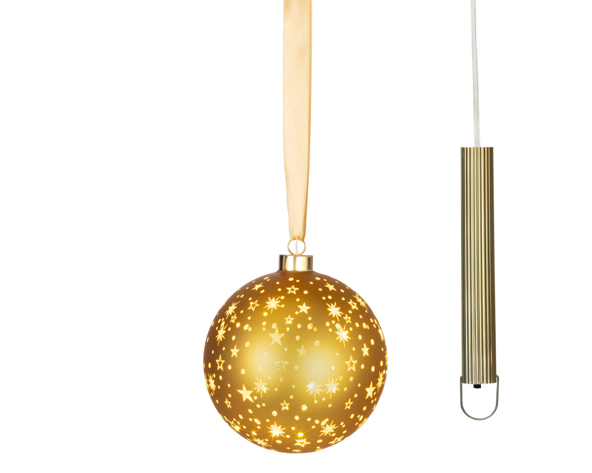 Micro LED Gold Hanging Glass Bauble with Stars 14cm - Battery Operated
