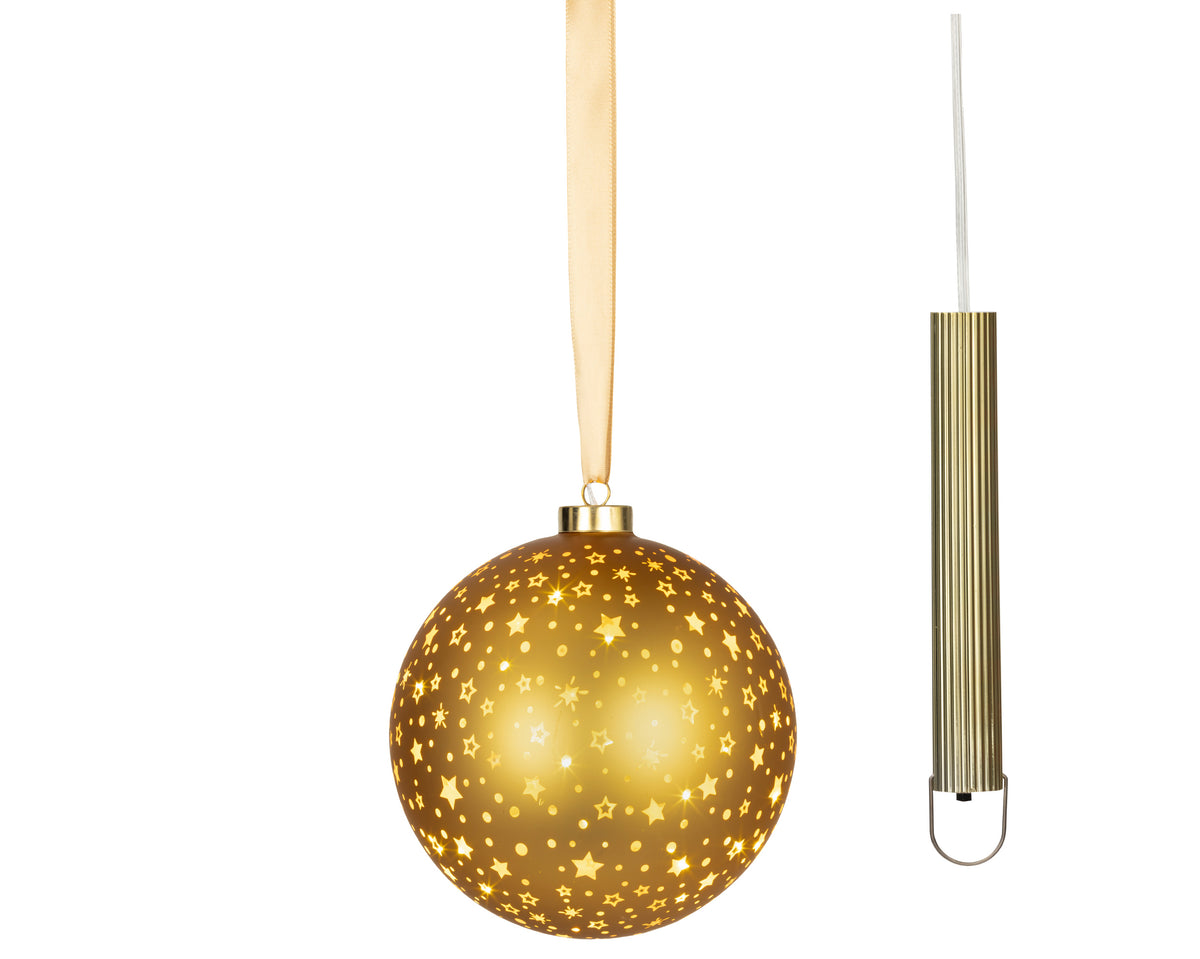 Micro LED Gold Hanging Glass Bauble with Stars 19cm - Battery Operated