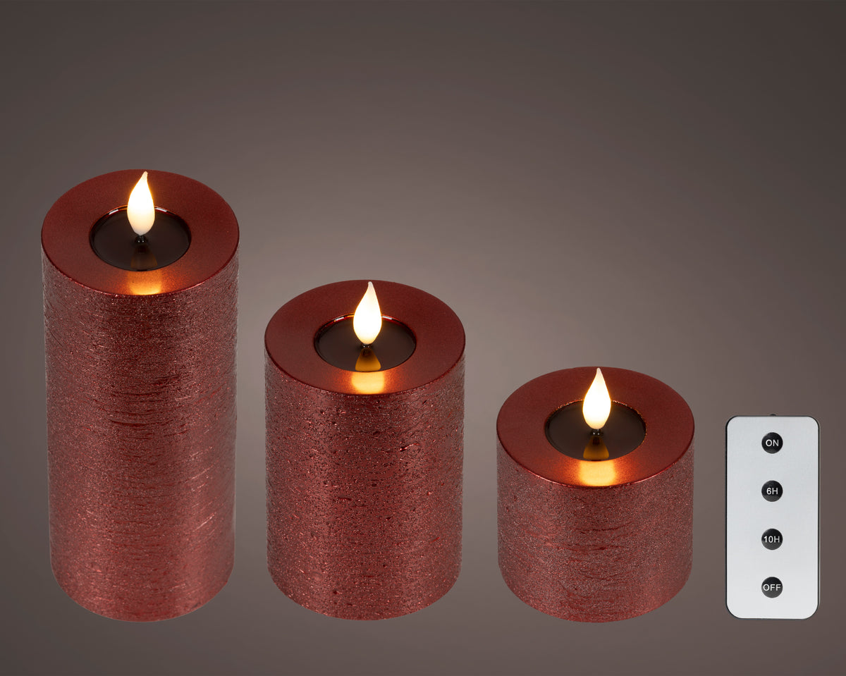 Set of 3 Oxblood Dark Red Realistic Wick Wax Candles with Remote Control