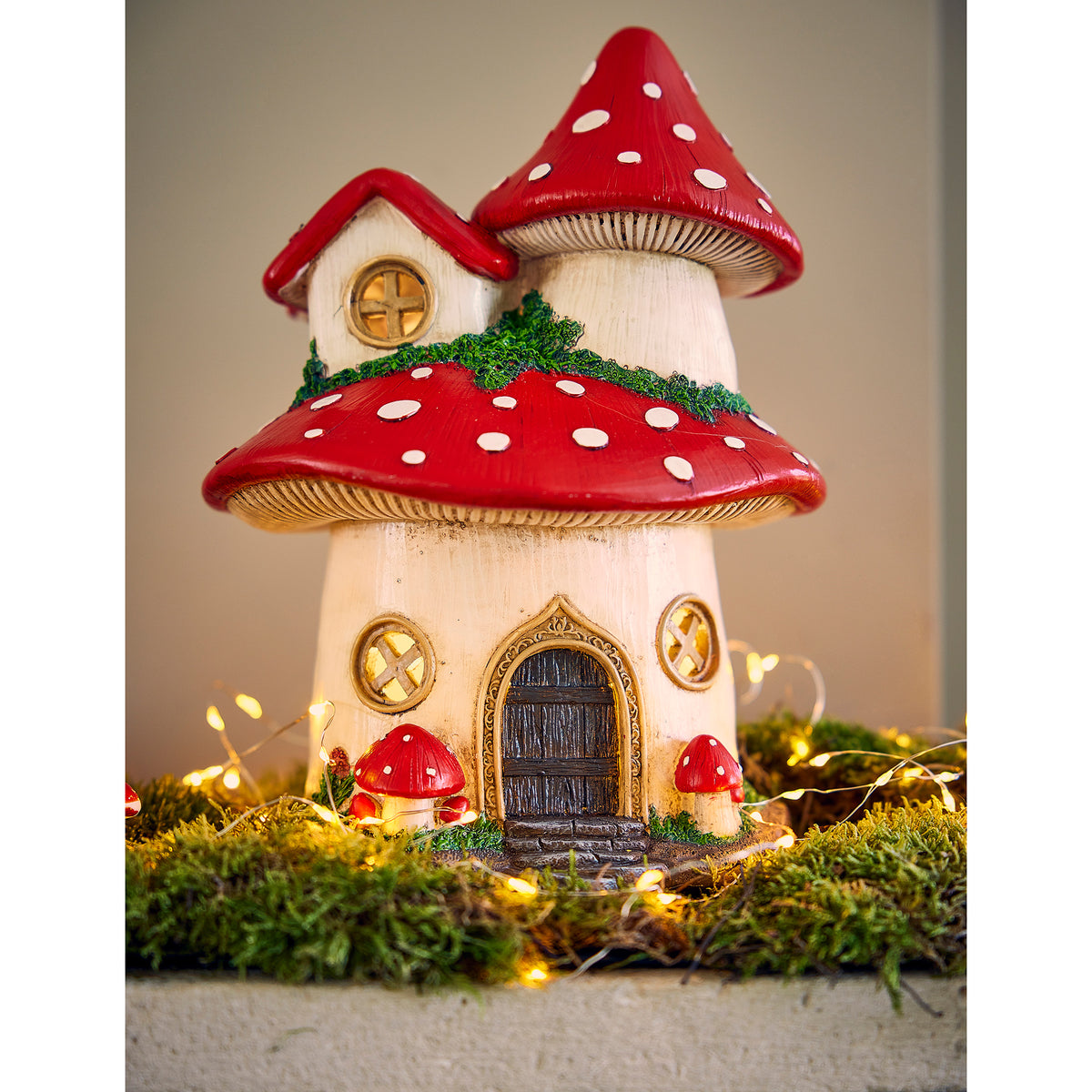 LED Red Two Story Mushroom House 27cm