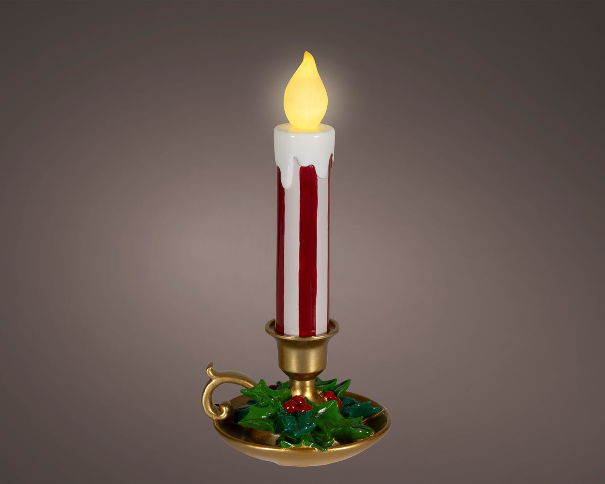 Traditional Red & White Striped LED Candle with Holder 37.5cm