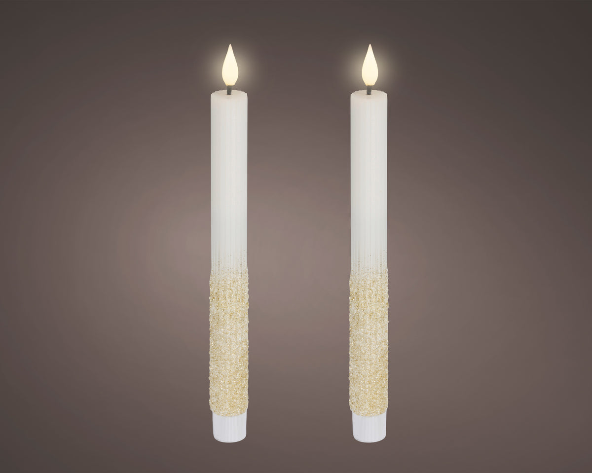Lumineo Light Up Realistic Off-White with Gold Glitter Tall Dinner Candle with Flame Effect 24.5cm