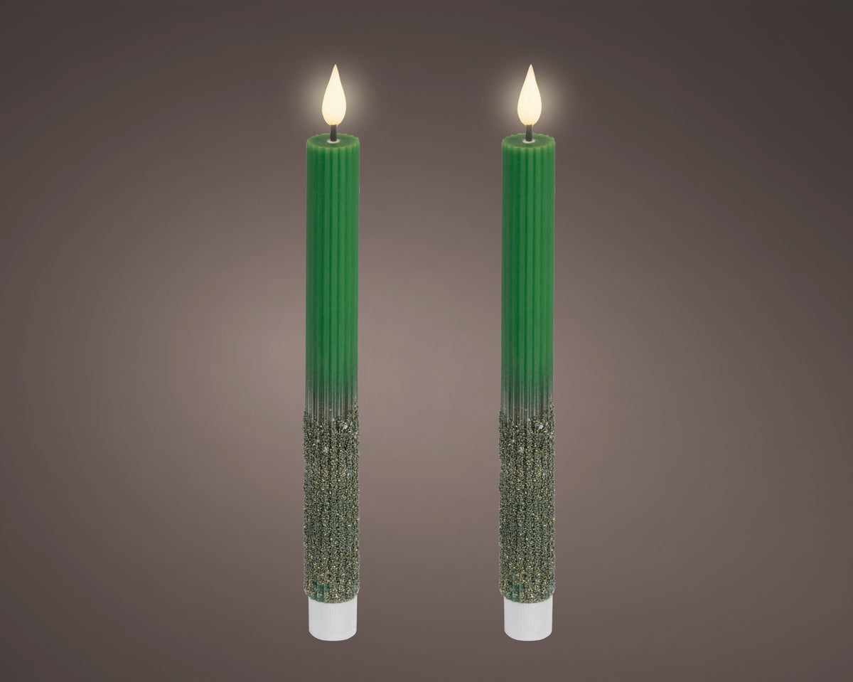 LED Realistic Green with Green Glitter Dinner Candle with Flame Effect 24.5cm