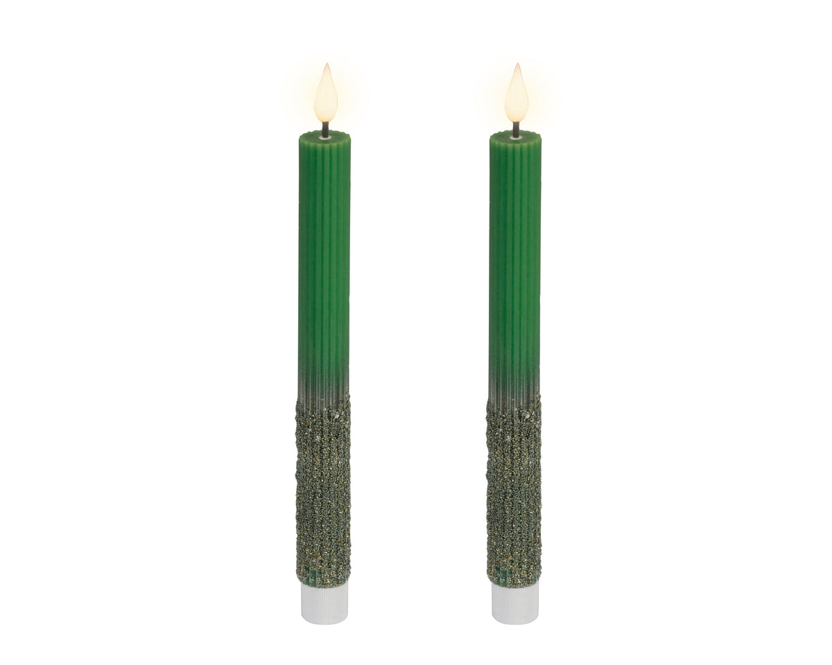 LED Realistic Green with Green Glitter Dinner Candle with Flame Effect 24.5cm