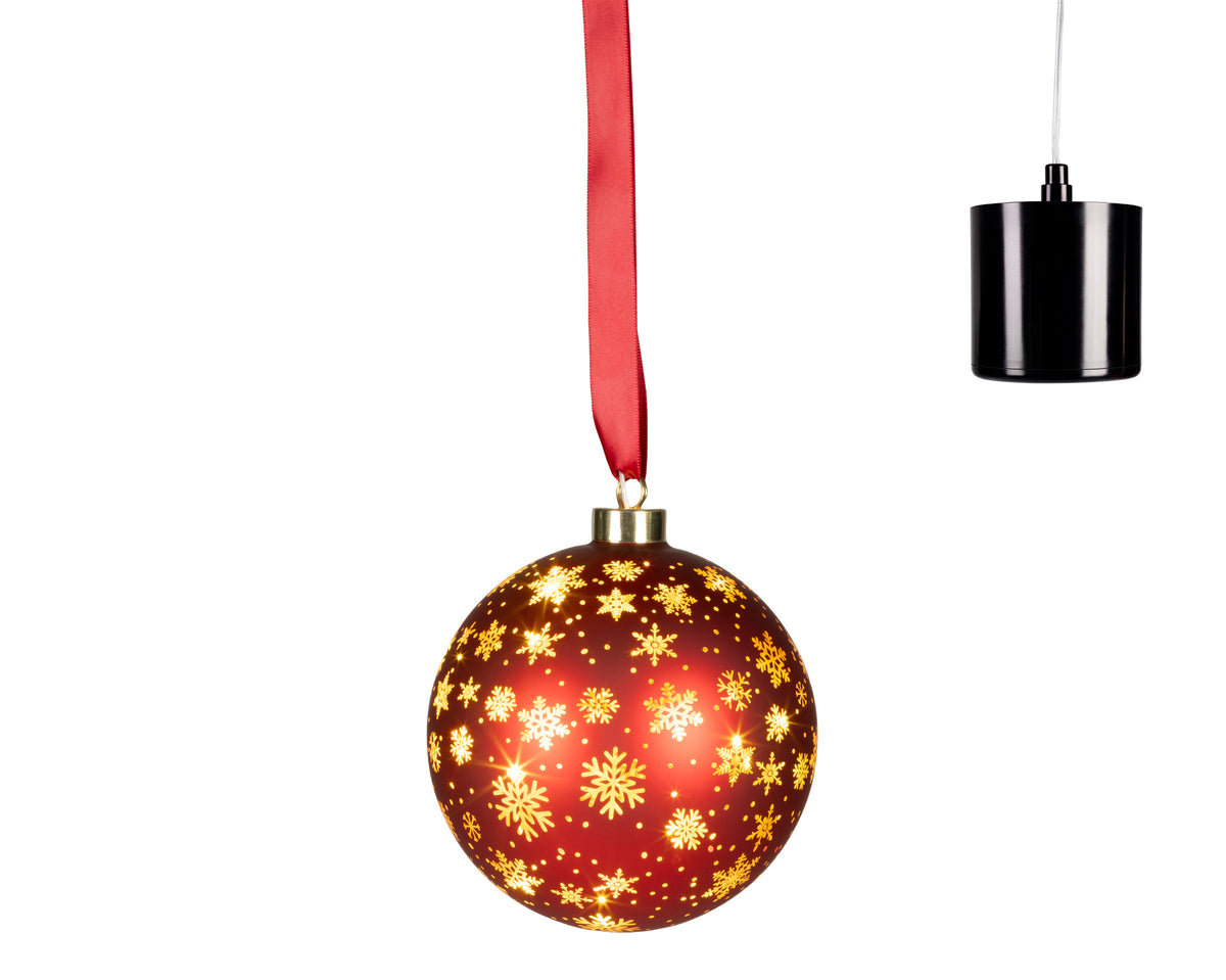 Lumineo Micro LED Red Hanging Glass Rotating Bauble with Snowflakes 14cm