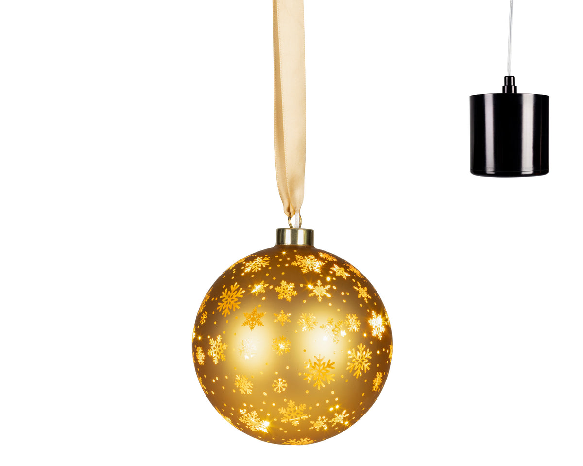 Lumineo Micro LED Gold Hanging Glass Rotating Bauble with Snowflakes 14cm