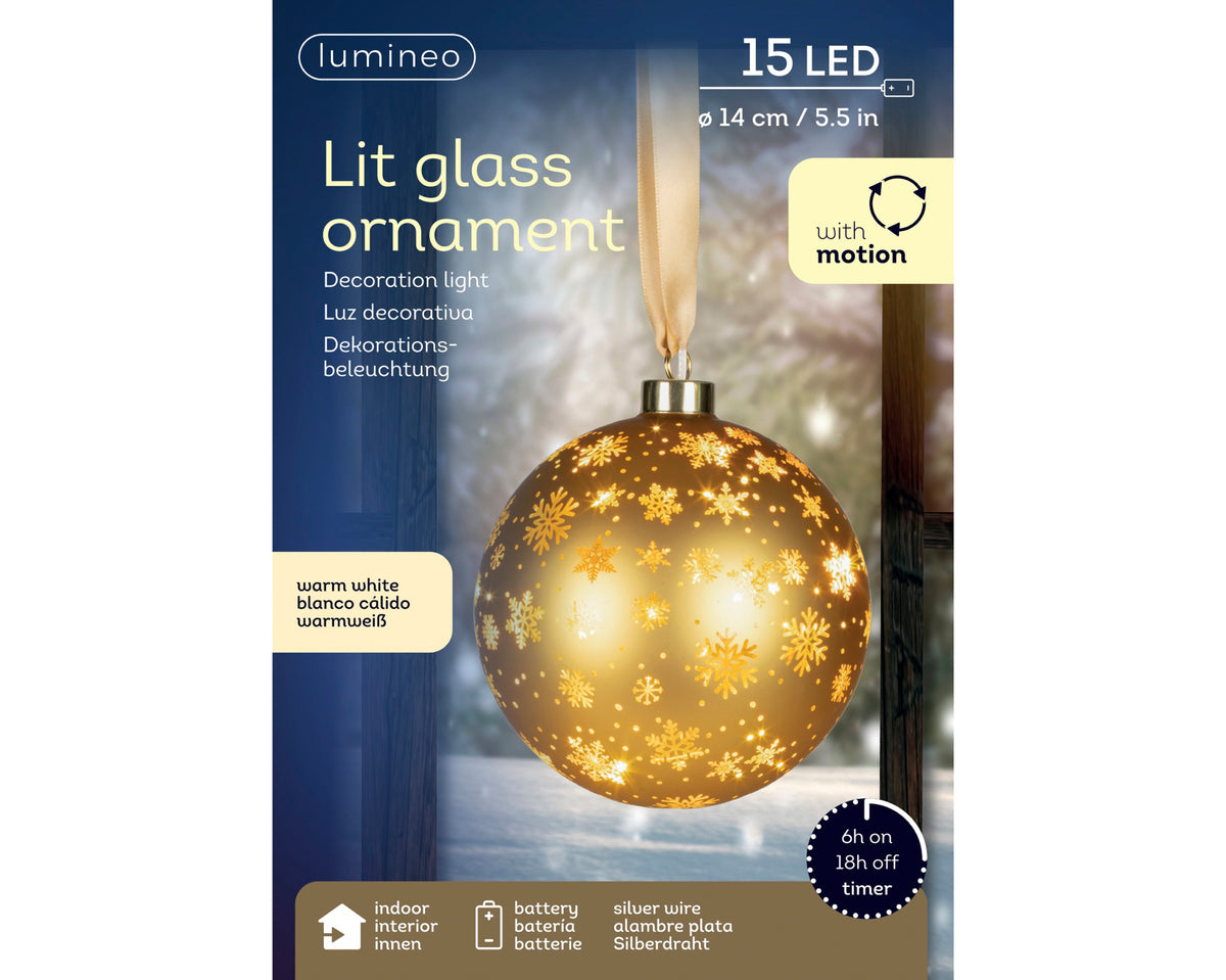 Lumineo Micro LED Gold Hanging Glass Rotating Bauble with Snowflakes 14cm