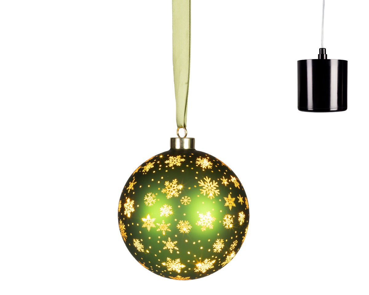 Lumineo Micro LED Gold Hanging Glass Rotating Bauble with Snowflakes 14cm