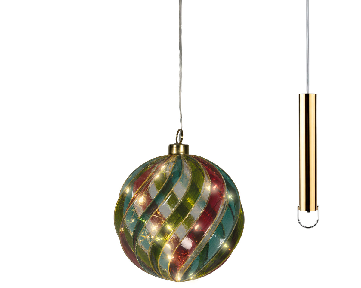 Micro LED Traditional Green & Red Striped Hanging Glass Bauble 14cm - Battery Operated