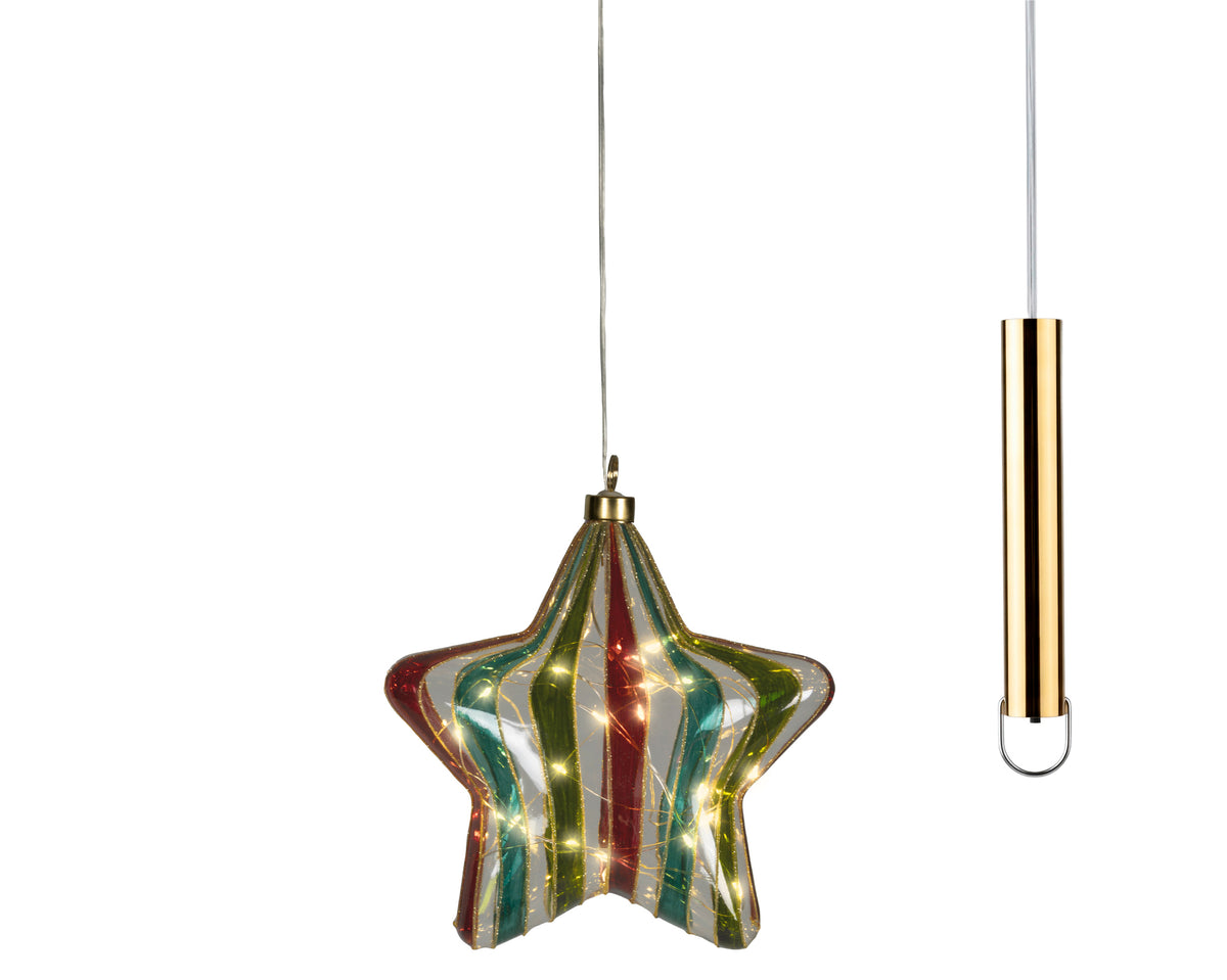 Micro LED Traditional Green & Red Striped Hanging Glass Star 14cm - Battery Operated