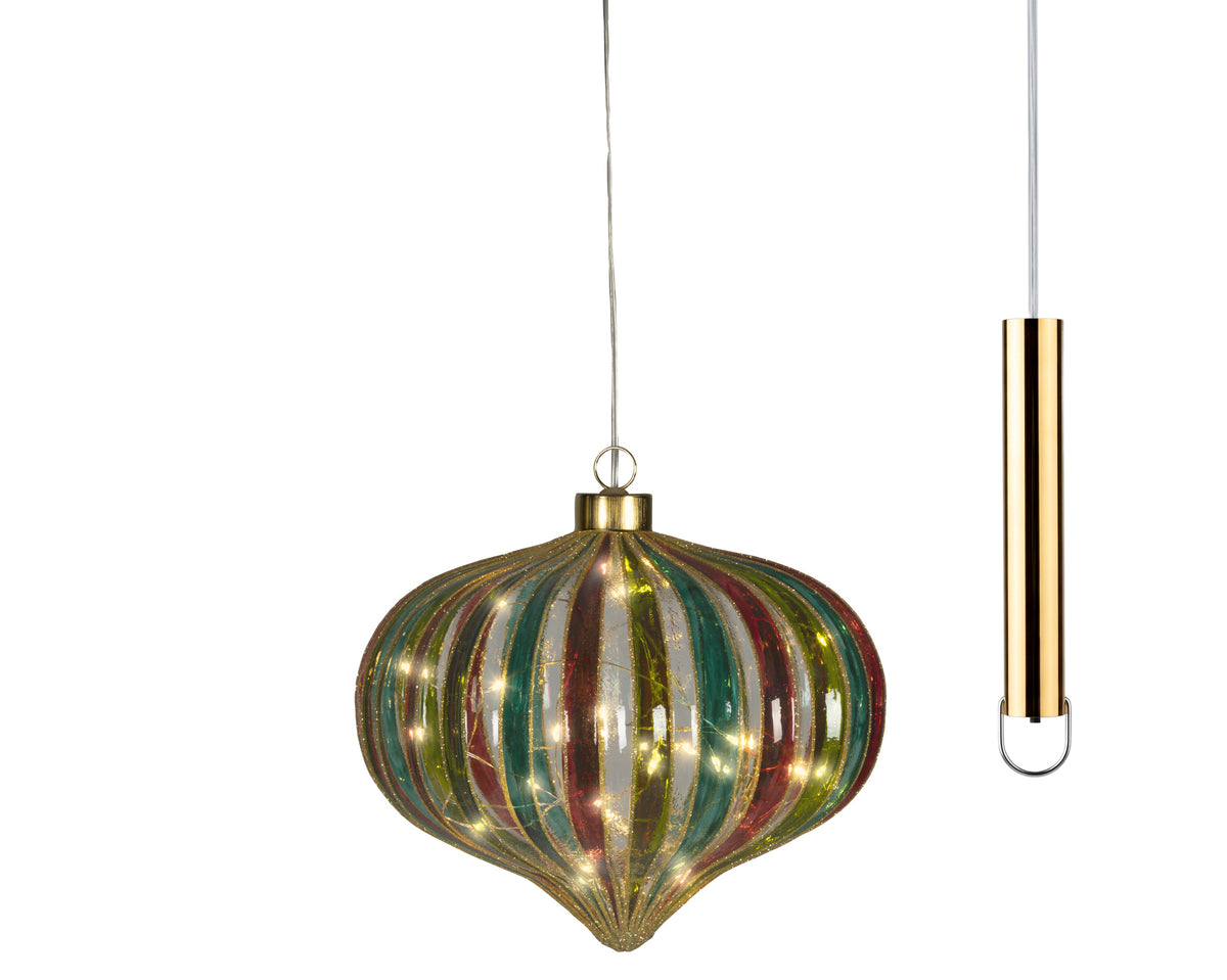 Micro LED Traditional Green & Red Striped Hanging Glass Onion-Shaped Bauble 20cm - Battery Operated