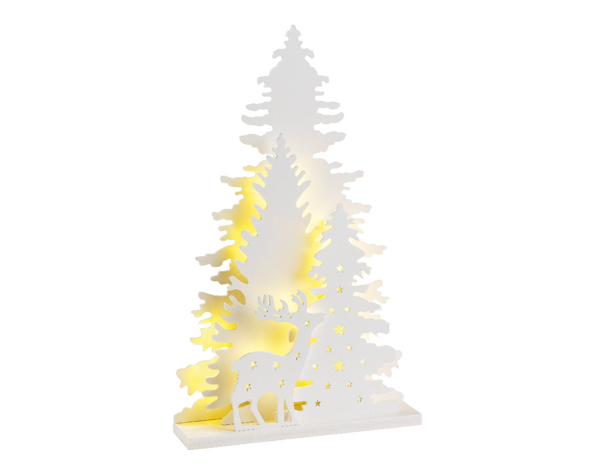 Light Up White Tree & Reindeer Scene - Battery Operated